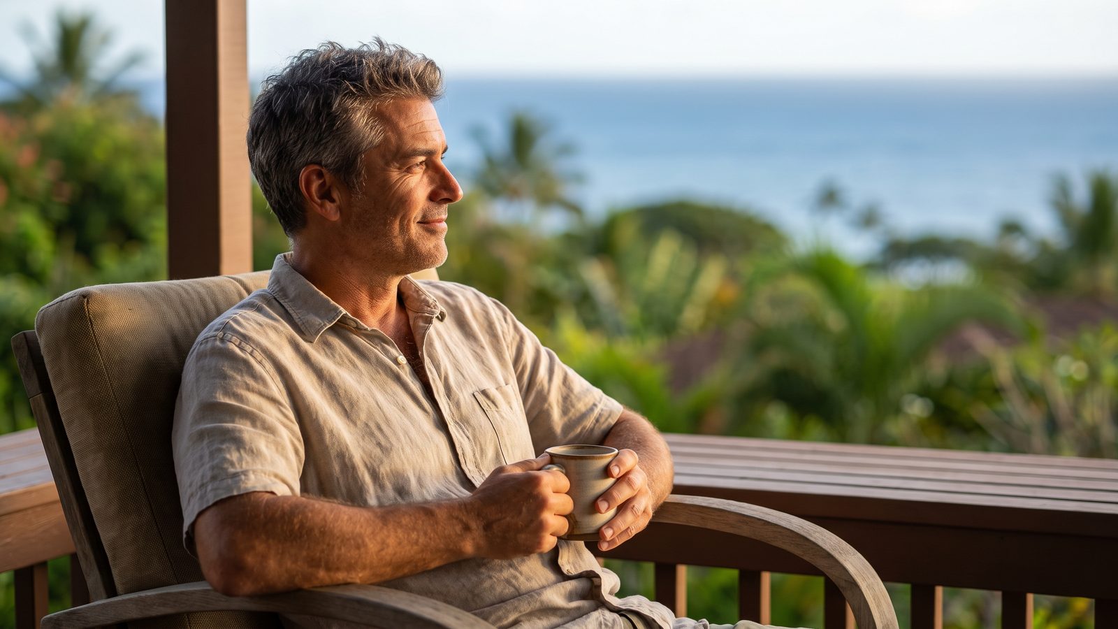 A man sitting in a chair on a lanai overlooking the ocean in Hawaii, holding a mug of coffee.